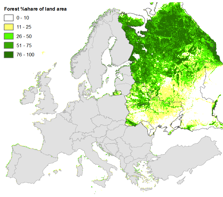 Figure 2: NOAA-AVHRR-based forest cover data for Eastern Europe at 1km resolution (Schuck et al. 2002, Päivinen et al. 2001).