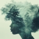 Double exposure woman s silhouette with serene forest landscape in artistic overlay