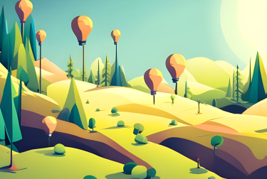 Illustration of a forest in the morning with trees and hot ballons