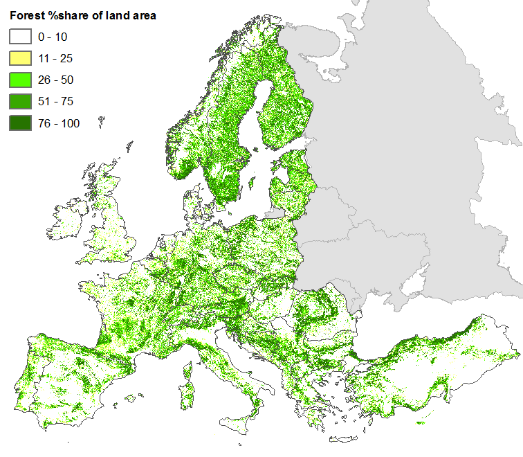 IRS- and SPOT-based forest cover map of the EC Joint Research Centre (Kempeneers et al. 2011), aggregated to 1km x 1km