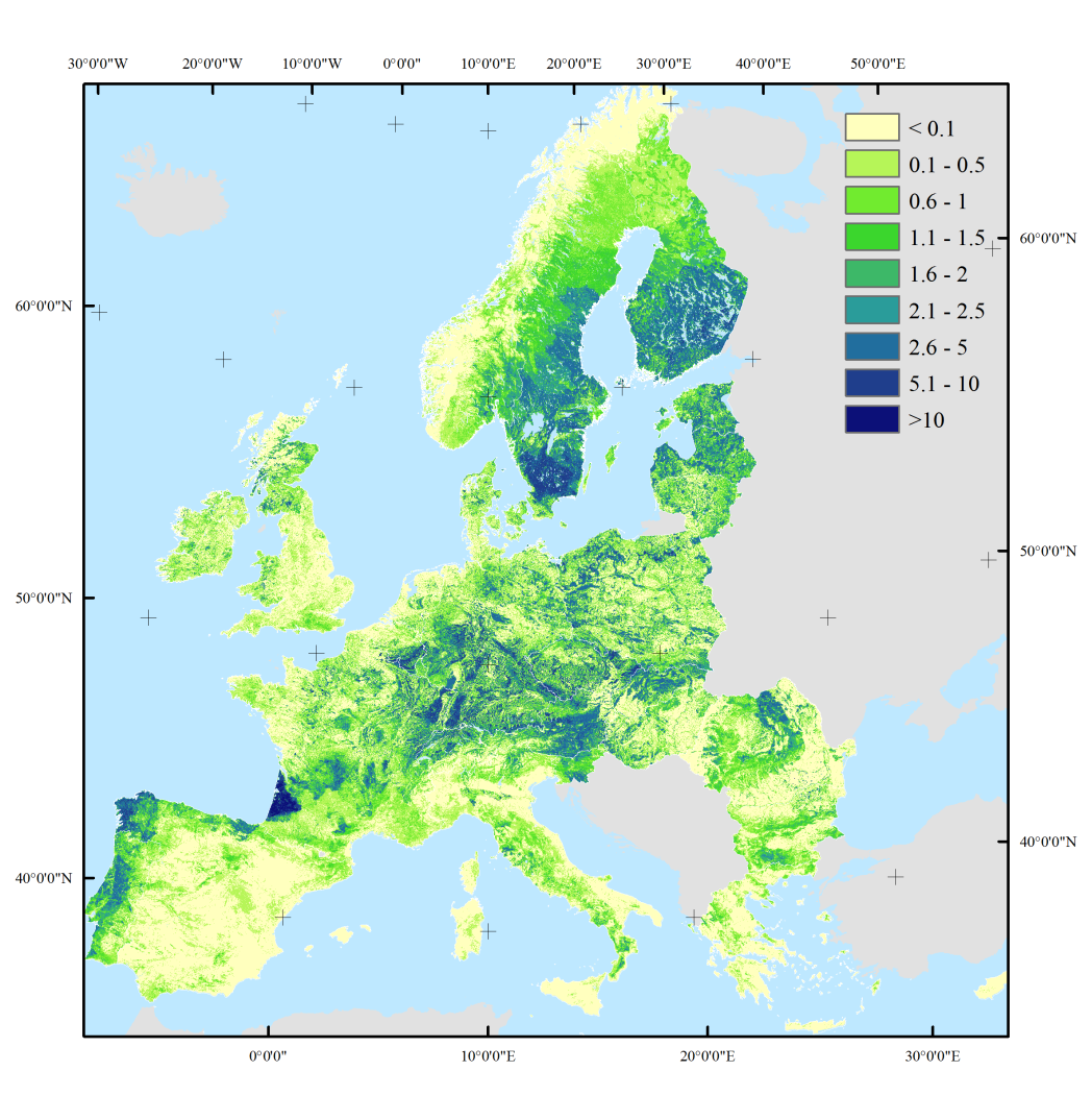 Map showing predicted wood production (in cubic meters per ha of land per year) in Europe averaged over the period 2000-2010.